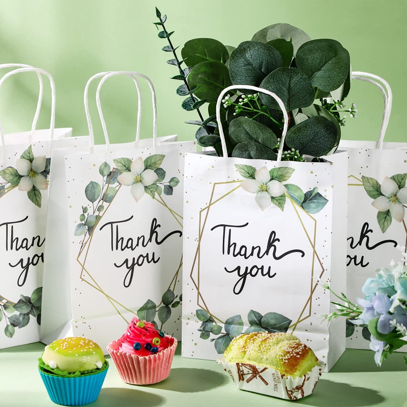 TaoBary Greenery Eucalyptus Small Thank You Bags Floral Design Paper Gift Bags with Handles Baby Shower Favor Bags Thank You Wedding Bags White Kraft Paper Bags for Birthday Party  6.3 x 3.1 x 8.7'' (48) - Image 5
